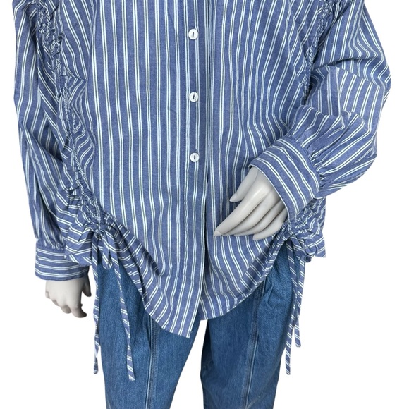 Anthropologie Pilcro Reworked Ruched Blue Pin Striped Button Down Shirt Medium - Picture 4 of 11